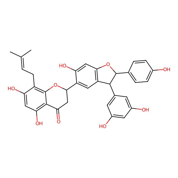 2D Structure of (2S)-2-[(2S,3S)-3-(3,5-dihydroxyphenyl)-6-hydroxy-2-(4-hydroxyphenyl)-2,3-dihydro-1-benzofuran-5-yl]-5,7-dihydroxy-8-(3-methylbut-2-enyl)-2,3-dihydrochromen-4-one