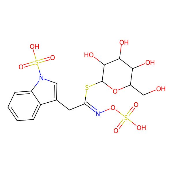 2D Structure of 3-[(2E)-2-sulfooxyimino-2-[(2S,3R,4S,5S,6R)-3,4,5-trihydroxy-6-(hydroxymethyl)oxan-2-yl]sulfanylethyl]indole-1-sulfonic acid