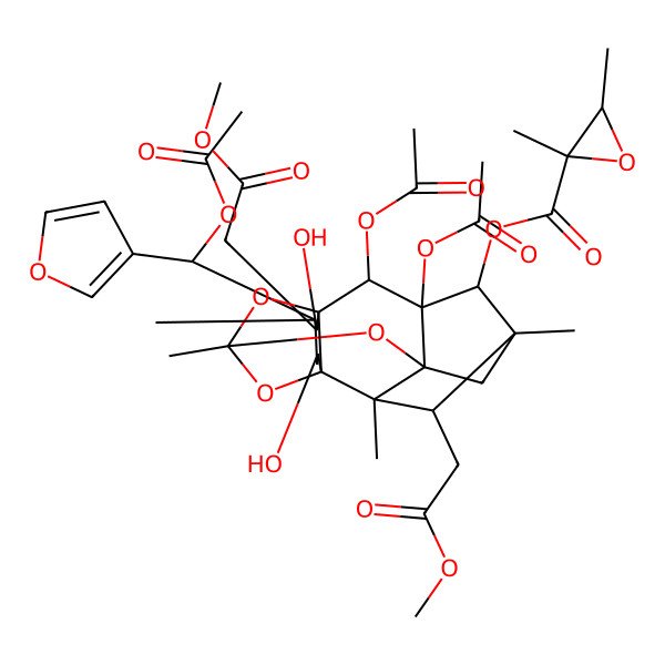 2D Structure of [2,3-Diacetyloxy-15-[acetyloxy(furan-3-yl)methyl]-13,16-dihydroxy-6,16-bis(2-methoxy-2-oxoethyl)-5,7,10,15-tetramethyl-9,11,17-trioxahexacyclo[8.6.1.15,8.01,12.03,8.07,12]octadecan-4-yl] 2,3-dimethyloxirane-2-carboxylate