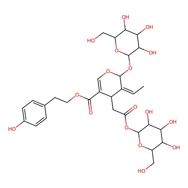 2D Structure of 2-(4-hydroxyphenyl)ethyl (4S,5E,6S)-5-ethylidene-4-[2-oxo-2-[(2S,3R,4S,5S,6R)-3,4,5-trihydroxy-6-(hydroxymethyl)oxan-2-yl]oxyethyl]-6-[(2S,3R,4S,5S,6R)-3,4,5-trihydroxy-6-(hydroxymethyl)oxan-2-yl]oxy-4H-pyran-3-carboxylate