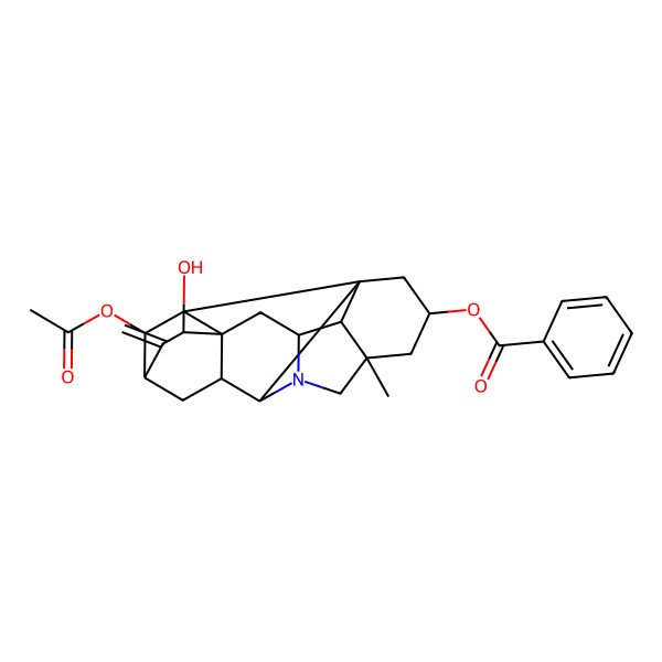 2D Structure of (19-Acetyloxy-13-hydroxy-5-methyl-12-methylidene-7-azaheptacyclo[9.6.2.01,8.05,17.07,16.09,14.014,18]nonadecan-3-yl) benzoate