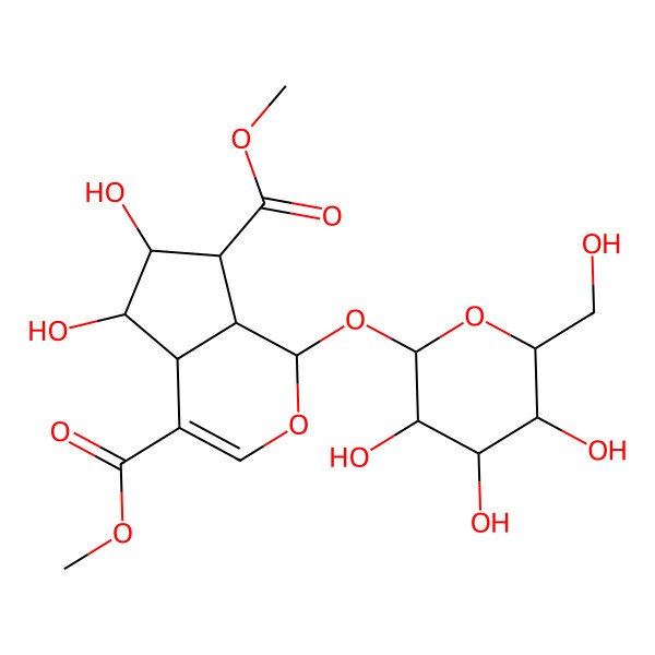2D Structure of Dimethyl 5,6-dihydroxy-1-[3,4,5-trihydroxy-6-(hydroxymethyl)oxan-2-yl]oxy-1,4a,5,6,7,7a-hexahydrocyclopenta[c]pyran-4,7-dicarboxylate