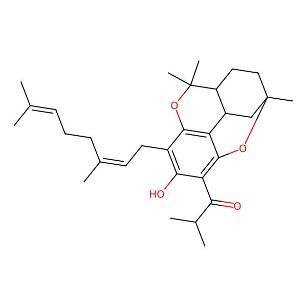 2D Structure of 1-[(1R,4S,13R)-8-[(2E)-3,7-dimethylocta-2,6-dienyl]-9-hydroxy-1,5,5-trimethyl-6,15-dioxatetracyclo[9.3.1.04,13.07,12]pentadeca-7(12),8,10-trien-10-yl]-2-methylpropan-1-one