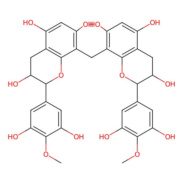 2D Structure of (2R,3S)-2-(3,5-dihydroxy-4-methoxyphenyl)-8-[[(2R,3S)-2-(3,5-dihydroxy-4-methoxyphenyl)-3,5,7-trihydroxy-3,4-dihydro-2H-chromen-8-yl]methyl]-3,4-dihydro-2H-chromene-3,5,7-triol