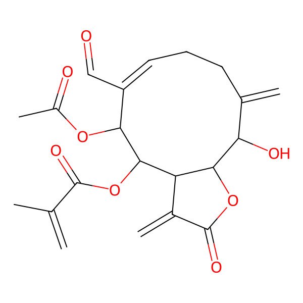 2D Structure of (5-acetyloxy-6-formyl-11-hydroxy-3,10-dimethylidene-2-oxo-4,5,8,9,11,11a-hexahydro-3aH-cyclodeca[b]furan-4-yl) 2-methylprop-2-enoate
