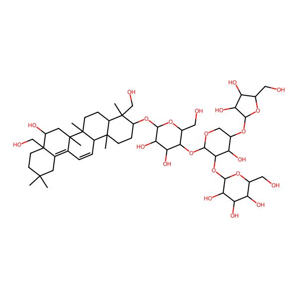 2D Structure of (2S,3R,4S,5S,6R)-2-[(2S,3R,4S,5S)-2-[(2R,3S,4R,5R,6R)-6-[[(3S,4R,4aR,6aR,6bS,8R,8aS,14aR,14bS)-8-hydroxy-4,8a-bis(hydroxymethyl)-4,6a,6b,11,11,14b-hexamethyl-1,2,3,4a,5,6,7,8,9,10,12,14a-dodecahydropicen-3-yl]oxy]-4,5-dihydroxy-2-(hydroxymethyl)oxan-3-yl]oxy-5-[(2S,3R,4R,5S)-3,4-dihydroxy-5-(hydroxymethyl)oxolan-2-yl]oxy-4-hydroxyoxan-3-yl]oxy-6-(hydroxymethyl)oxane-3,4,5-triol