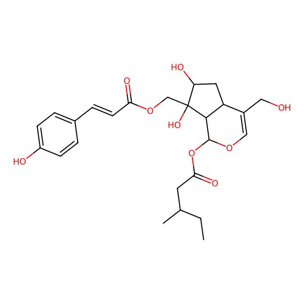 2D Structure of [(1S,4aS,6S,7R,7aS)-6,7-dihydroxy-4-(hydroxymethyl)-7-[[(E)-3-(4-hydroxyphenyl)prop-2-enoyl]oxymethyl]-4a,5,6,7a-tetrahydro-1H-cyclopenta[c]pyran-1-yl] (3S)-3-methylpentanoate