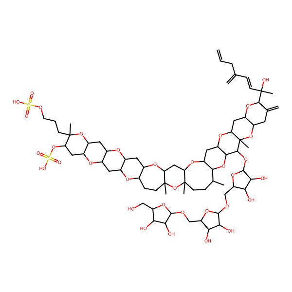 2D Structure of [(1R,3S,5R,7S,9R,11S,13R,14R,16R,18S,20R,22S,25R,27S,30S,31R,33S,34R,35R,37S,40S,42R,44S,46R,48S)-34-[(2R,3R,4R,5S)-5-[[(2R,3S,4R,5R)-5-[[(2R,3R,4S,5R)-3,4-dihydroxy-5-(hydroxymethyl)oxolan-2-yl]oxymethyl]-3,4-dihydroxyoxolan-2-yl]oxymethyl]-3,4-dihydroxyoxolan-2-yl]oxy-40-[(2R,3E)-2-hydroxy-5-methylideneocta-3,7-dien-2-yl]-13,25,27,30,35-pentamethyl-39-methylidene-13-(3-sulfooxypropyl)-4,8,12,17,21,26,32,36,41,45,49-undecaoxaundecacyclo[25.22.0.03,25.05,22.07,20.09,18.011,16.031,48.033,46.035,44.037,42]nonatetracontan-14-yl] hydrogen sulfate