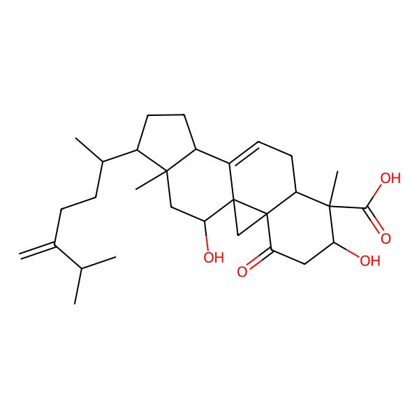 2D Structure of (1R,3S,6S,7S,8R,12R,15R,16R,18R)-6,18-Dihydroxy-7,16-dimethyl-15-[(2R)-6-methyl-5-methylideneheptan-2-yl]-4-oxopentacyclo[9.7.0.01,3.03,8.012,16]octadec-10-ene-7-carboxylic acid