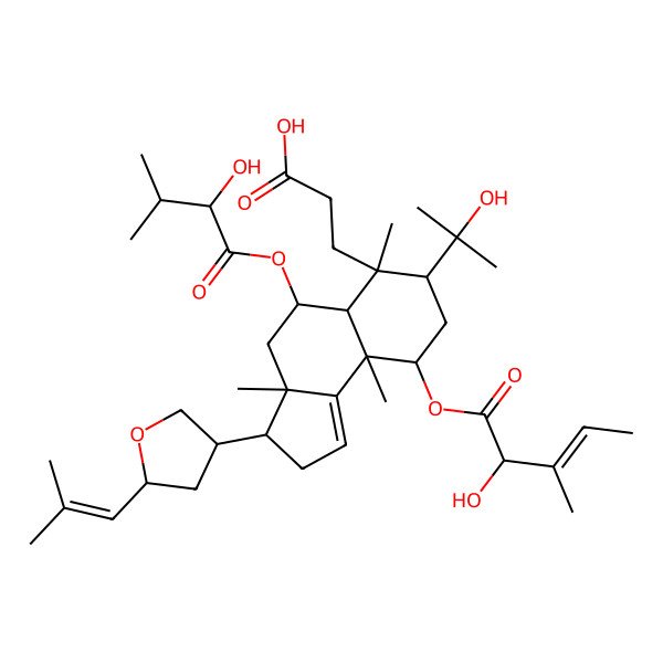 2D Structure of 3-[(3S,3aS,5R,5aR,6R,7R,9R,9aR)-5-[(2R)-2-hydroxy-3-methylbutanoyl]oxy-9-[(E,2R)-2-hydroxy-3-methylpent-3-enoyl]oxy-7-(2-hydroxypropan-2-yl)-3a,6,9a-trimethyl-3-[(3S,5S)-5-(2-methylprop-1-enyl)oxolan-3-yl]-2,3,4,5,5a,7,8,9-octahydrocyclopenta[a]naphthalen-6-yl]propanoic acid