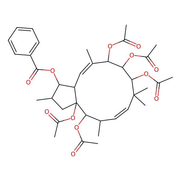 2D Structure of (3a,4,9,10,11-pentaacetyloxy-2,5,8,8,12-pentamethyl-2,3,4,5,9,10,11,13a-octahydro-1H-cyclopenta[12]annulen-1-yl) benzoate