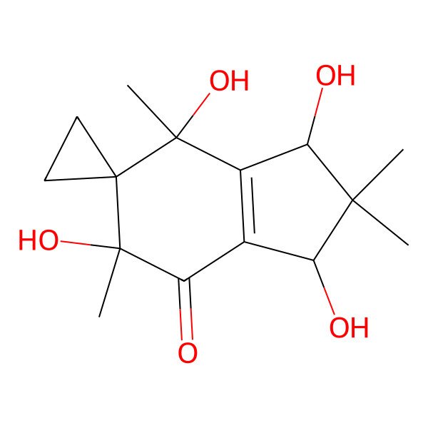 2D Structure of (1S,3R,5S,7R)-1,3,5,7-tetrahydroxy-2,2,5,7-tetramethylspiro[1,3-dihydroindene-6,1'-cyclopropane]-4-one