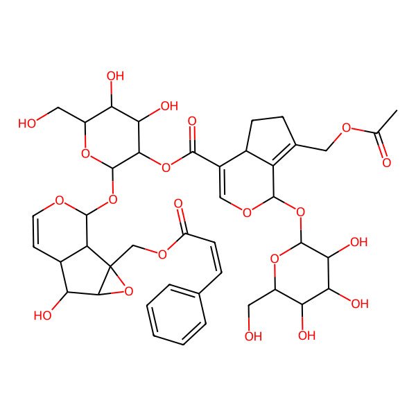 2D Structure of [4,5-Dihydroxy-6-(hydroxymethyl)-2-[[5-hydroxy-2-(3-phenylprop-2-enoyloxymethyl)-3,9-dioxatricyclo[4.4.0.02,4]dec-7-en-10-yl]oxy]oxan-3-yl] 7-(acetyloxymethyl)-1-[3,4,5-trihydroxy-6-(hydroxymethyl)oxan-2-yl]oxy-1,4a,5,6-tetrahydrocyclopenta[c]pyran-4-carboxylate