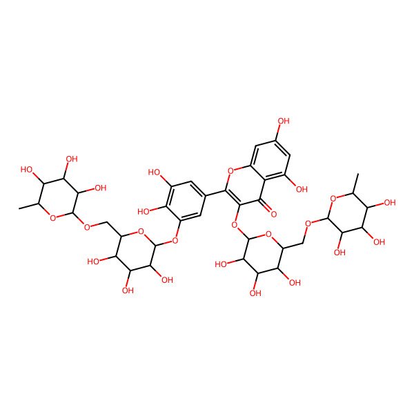 2D Structure of 2-[3,4-Dihydroxy-5-[3,4,5-trihydroxy-6-[(3,4,5-trihydroxy-6-methyloxan-2-yl)oxymethyl]oxan-2-yl]oxyphenyl]-5,7-dihydroxy-3-[3,4,5-trihydroxy-6-[(3,4,5-trihydroxy-6-methyloxan-2-yl)oxymethyl]oxan-2-yl]oxychromen-4-one