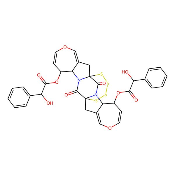 2D Structure of [16-(2-Hydroxy-2-phenylacetyl)oxy-2,13-dioxo-8,19-dioxa-23,24,25,26-tetrathia-3,14-diazahexacyclo[10.10.4.01,14.03,12.04,10.015,21]hexacosa-6,9,17,20-tetraen-5-yl] 2-hydroxy-2-phenylacetate