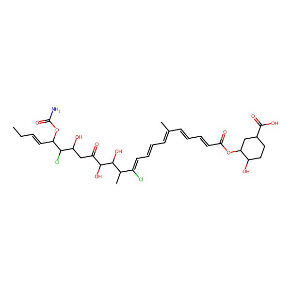 2D Structure of (1S,3R,4S)-3-{[(2E,4E,6E,8E,10Z,12S,13R,14S,17R,18S,19R,20E)-19-(carbamoyloxy)-11,18-dichloro-13,14,17-trihydroxy-6,12-dimethyl-15-oxotricosa-2,4,6,8,10,20-hexaenoyl]oxy}-4-hydroxycyclohexanecarboxylic acid