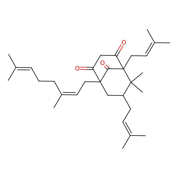 2D Structure of (1S,5R,7R)-1-[(2E)-3,7-dimethylocta-2,6-dienyl]-6,6-dimethyl-5,7-bis(3-methylbut-2-enyl)bicyclo[3.3.1]nonane-2,4,9-trione