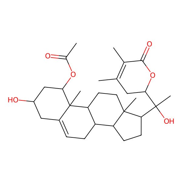 2D Structure of Ergosta-5,24-dien-26-oic acid, 1-(acetyloxy)-3,20,22-trihydroxy-,delta-lactone, (1alpha,3beta,22R)-