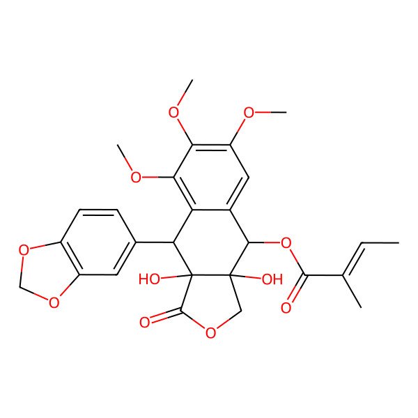 2D Structure of [(3aS,4R,9R,9aR)-4-(1,3-benzodioxol-5-yl)-3a,9a-dihydroxy-5,6,7-trimethoxy-3-oxo-4,9-dihydro-1H-benzo[f][2]benzofuran-9-yl] (E)-2-methylbut-2-enoate
