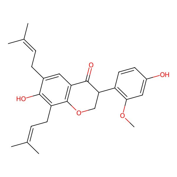 2D Structure of (3R)-7-hydroxy-3-(4-hydroxy-2-methoxyphenyl)-6,8-bis(3-methylbut-2-enyl)-2,3-dihydrochromen-4-one
