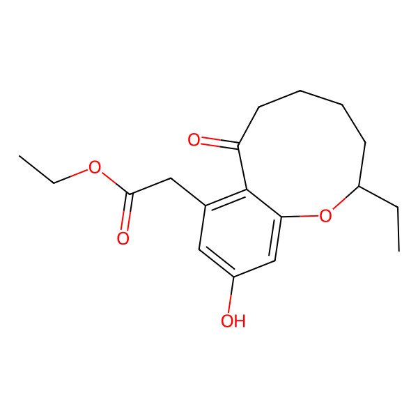2D Structure of ethyl 2-(2-ethyl-10-hydroxy-7-oxo-3,4,5,6-tetrahydro-2H-1-benzoxonin-8-yl)acetate