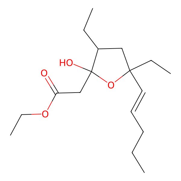 2D Structure of ethyl 2-[(2S,3S,5S)-3,5-diethyl-2-hydroxy-5-[(E)-pent-1-enyl]oxolan-2-yl]acetate