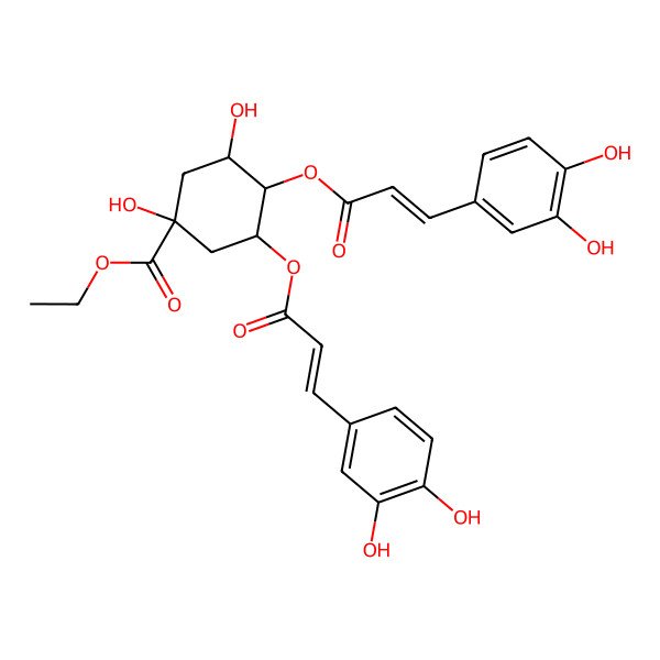 2D Structure of Ethyl 3,4-bis[3-(3,4-dihydroxyphenyl)prop-2-enoyloxy]-1,5-dihydroxycyclohexane-1-carboxylate