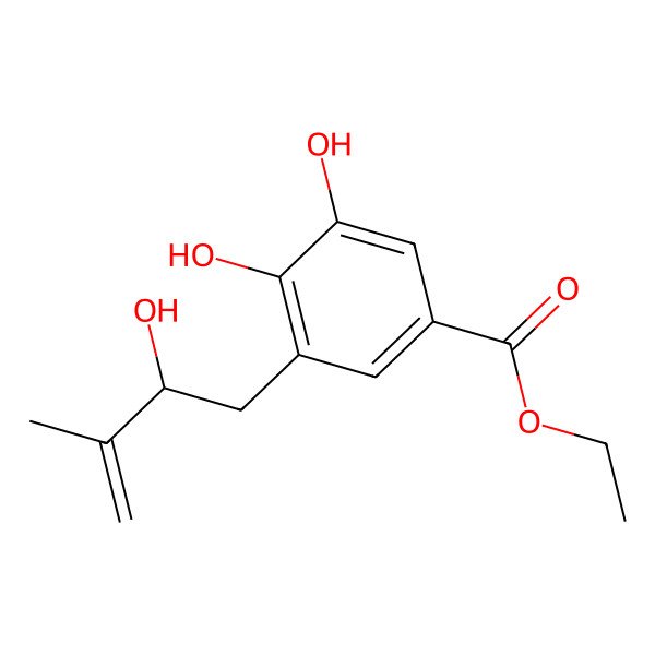2D Structure of Ethyl 3,4-dihydroxy-5-(2-hydroxy-3-methylbut-3-enyl)benzoate