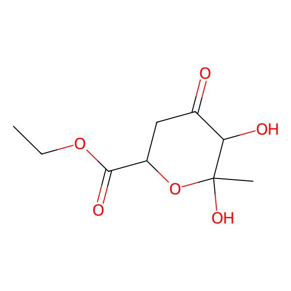 2D Structure of Ethyl 5,6-dihydroxy-6-methyl-4-oxooxane-2-carboxylate