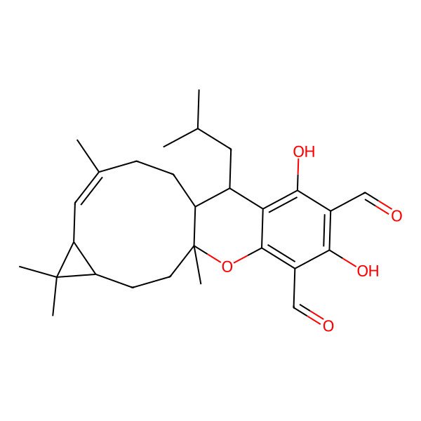 2D Structure of (1aR,2E,5aR,6S,11aS,13aR)-1,1a,4,5,5a,6,11a,12,13,13a-Decahydro-7,9-dihydroxy-1,1,3,11a-tetramethyl-6-(2-methylpropyl)benzo(b)cyclopropa(5,6)cyclodeca(1,2-e)pyran-8,10-dicarboxaldehyde 2D Structure of (1aR,2E,5aR,6S,11aS,13aR)-1,1a,4,5,5a,6,11a,12,13,13a-Decahydro-7,9-dihydroxy-1,1,3,11a-tetramethyl-6-(2-methylpropyl)benzo(b)cyclopropa(5,6)cyclodeca(1,2-e)pyran-8,10-dicarboxaldehyde