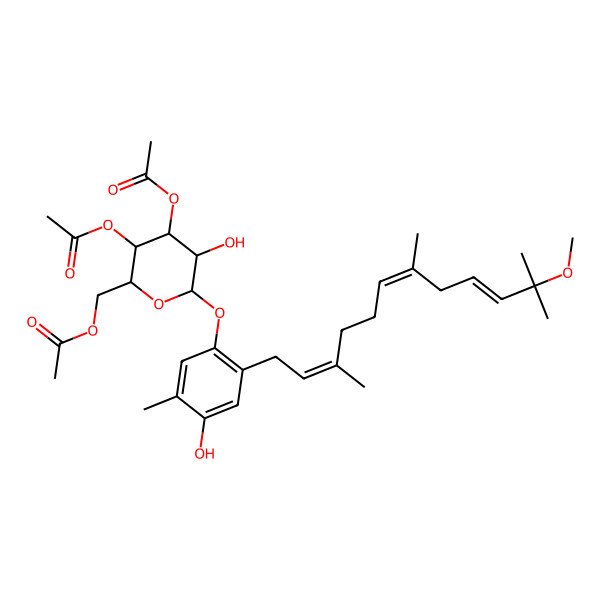 2D Structure of [(2R,3S,4R,5R,6S)-3,4-diacetyloxy-5-hydroxy-6-[4-hydroxy-2-[(2E,6E,9E)-11-methoxy-3,7,11-trimethyldodeca-2,6,9-trienyl]-5-methylphenoxy]oxan-2-yl]methyl acetate