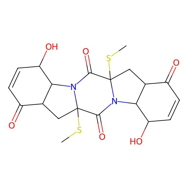 2D Structure of 1H,6H-Pyrazino(1,2-a:4,5-a')diindole-1,6,8,13(4H,6aH)-tetrone, 4a,7,7a,11,11a,13a,14,14a-octahydro-4,11-dihydroxy-6a,13a-bis(methylthio)-, (4R,4aR,6aS,7aR,11R,11aR,13aS,14aR)-rel-(-)-