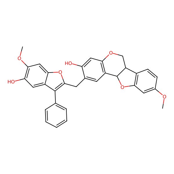 2D Structure of (6aS,11aS)-2-[(5-hydroxy-6-methoxy-3-phenyl-1-benzofuran-2-yl)methyl]-9-methoxy-6a,11a-dihydro-6H-[1]benzofuro[3,2-c]chromen-3-ol