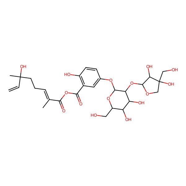 2D Structure of (6-Hydroxy-2,6-dimethylocta-2,7-dienoyl) 5-[3-[3,4-dihydroxy-4-(hydroxymethyl)oxolan-2-yl]oxy-4,5-dihydroxy-6-(hydroxymethyl)oxan-2-yl]oxy-2-hydroxybenzoate