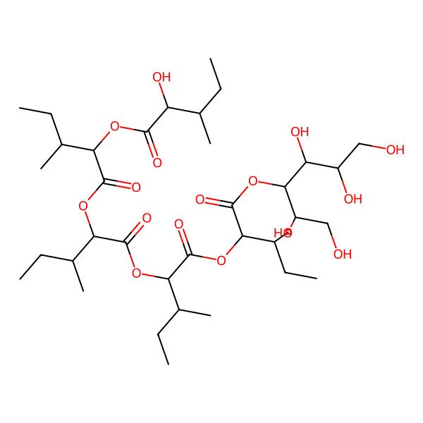 2D Structure of [3-Methyl-1-[3-methyl-1-[3-methyl-1-[3-methyl-1-oxo-1-(1,2,4,5,6-pentahydroxyhexan-3-yloxy)pentan-2-yl]oxy-1-oxopentan-2-yl]oxy-1-oxopentan-2-yl]oxy-1-oxopentan-2-yl] 2-hydroxy-3-methylpentanoate