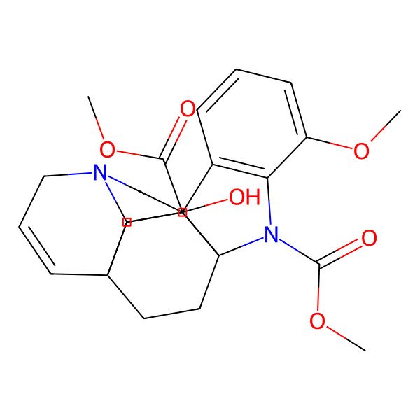 2D Structure of dimethyl (1S,9R,16R,18S,21S)-18-hydroxy-4-methoxy-2,12-diazahexacyclo[14.2.2.19,12.01,9.03,8.016,21]henicosa-3(8),4,6,14-tetraene-2,18-dicarboxylate