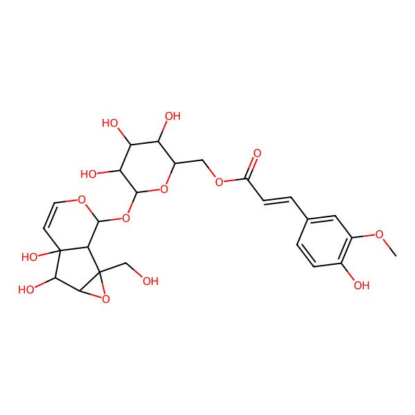 2D Structure of [(2R,3S,4S,5R,6S)-6-[[(1S,2S,4S,5R,6S,10S)-5,6-dihydroxy-2-(hydroxymethyl)-3,9-dioxatricyclo[4.4.0.02,4]dec-7-en-10-yl]oxy]-3,4,5-trihydroxyoxan-2-yl]methyl (E)-3-(4-hydroxy-3-methoxyphenyl)prop-2-enoate