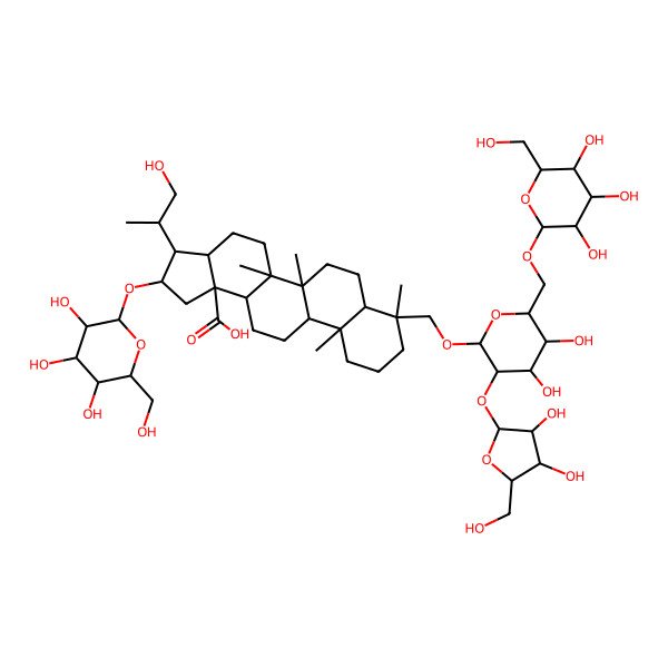 2D Structure of (2S,3S,3aS,5aR,5bR,7aR,8S,11aR,11bR,13aS,13bR)-8-[[(2R,3R,4S,5S,6R)-3-[(2S,3R,4R,5S)-3,4-dihydroxy-5-(hydroxymethyl)oxolan-2-yl]oxy-4,5-dihydroxy-6-[[(2R,3R,4S,5S,6R)-3,4,5-trihydroxy-6-(hydroxymethyl)oxan-2-yl]oxymethyl]oxan-2-yl]oxymethyl]-3-[(2S)-1-hydroxypropan-2-yl]-5a,5b,8,11a-tetramethyl-2-[(2R,3R,4S,5S,6R)-3,4,5-trihydroxy-6-(hydroxymethyl)oxan-2-yl]oxy-1,2,3,3a,4,5,6,7,7a,9,10,11,11b,12,13,13a-hexadecahydrocyclopenta[a]chrysene-13b-carboxylic acid