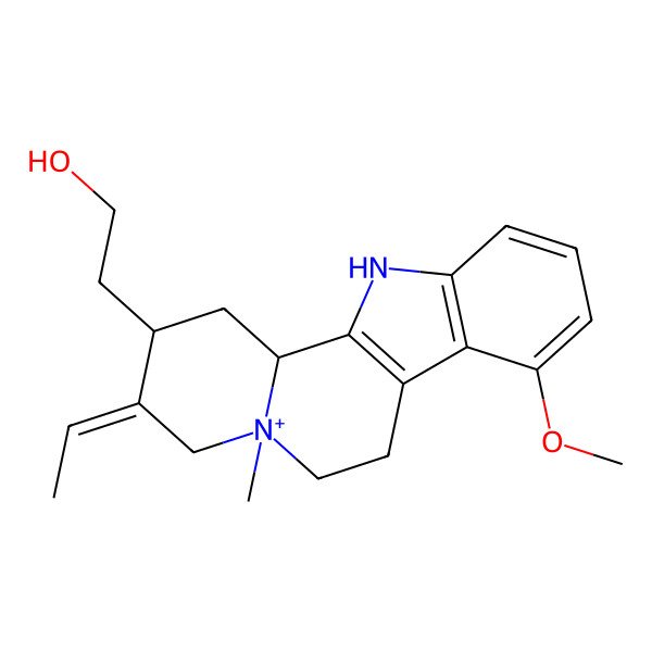 2D Structure of 2-[(2R,3E,5S,12bS)-3-ethylidene-8-methoxy-5-methyl-2,4,6,7,12,12b-hexahydro-1H-indolo[2,3-a]quinolizin-5-ium-2-yl]ethanol