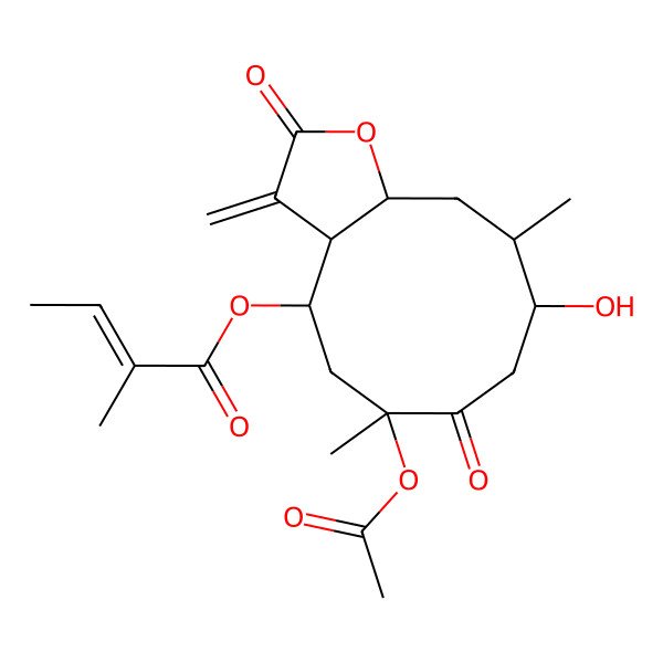 2D Structure of [(3aS,4S,6S,9S,10R,11aR)-6-acetyloxy-9-hydroxy-6,10-dimethyl-3-methylidene-2,7-dioxo-3a,4,5,8,9,10,11,11a-octahydrocyclodeca[b]furan-4-yl] (Z)-2-methylbut-2-enoate