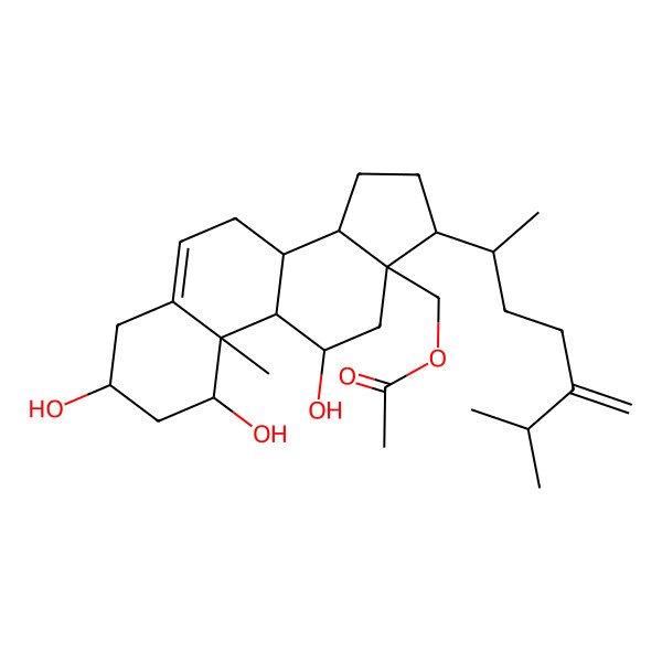 2D Structure of [(1S,3R,8S,9S,10R,11R,13S,14S,17R)-1,3,11-trihydroxy-10-methyl-17-[(2R)-6-methyl-5-methylideneheptan-2-yl]-2,3,4,7,8,9,11,12,14,15,16,17-dodecahydro-1H-cyclopenta[a]phenanthren-13-yl]methyl acetate