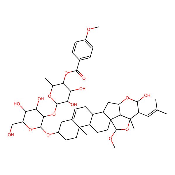 2D Structure of [(2S,3R,4S,5R,6S)-6-[(2R,3R,4S,5S,6R)-4,5-dihydroxy-2-[[(1S,4S,5R,8S,13R,14S,16S,18R,19R,20R,22R,23R)-18-hydroxy-22-methoxy-5,20-dimethyl-19-(2-methylprop-1-enyl)-17,21-dioxahexacyclo[14.6.1.01,14.04,13.05,10.020,23]tricos-10-en-8-yl]oxy]-6-(hydroxymethyl)oxan-3-yl]oxy-4,5-dihydroxy-2-methyloxan-3-yl] 4-methoxybenzoate