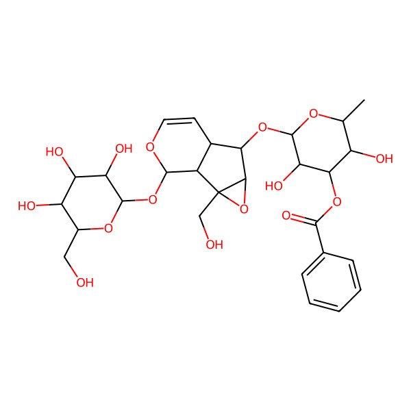 2D Structure of [3,5-Dihydroxy-2-[[2-(hydroxymethyl)-10-[3,4,5-trihydroxy-6-(hydroxymethyl)oxan-2-yl]oxy-3,9-dioxatricyclo[4.4.0.02,4]dec-7-en-5-yl]oxy]-6-methyloxan-4-yl] benzoate
