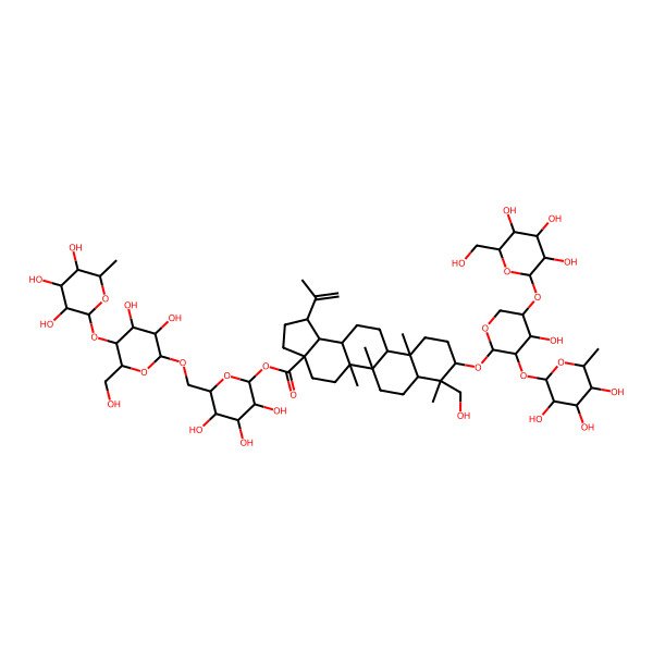 2D Structure of pulsatillosideE;3-O-D-glucopyranosyl(1-->3)-L-rhamnopyranosyl(1-->2)-L-arabinopyranosyllupinicacid-28-O-rhamnopyranosyl(1-->4)glucopyranosyl(1-->6)glucopyranoside