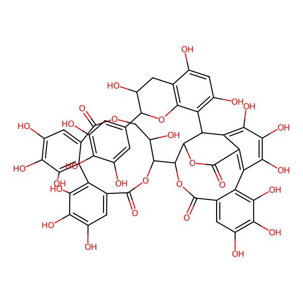 2D Structure of (14R,15S,19R)-14-[(10R,11R)-3,4,5,11,17,18,19-heptahydroxy-8,14-dioxo-9,13-dioxatricyclo[13.4.0.02,7]nonadeca-1(19),2,4,6,15,17-hexaen-10-yl]-2,3,4,7,8,9-hexahydroxy-19-[(2R,3S)-3,5,7-trihydroxy-2-(3,4,5-trihydroxyphenyl)-3,4-dihydro-2H-chromen-8-yl]-13,16-dioxatetracyclo[13.3.1.05,18.06,11]nonadeca-1,3,5(18),6,8,10-hexaene-12,17-dione