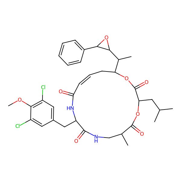 2D Structure of 10-[(3,5-Dichloro-4-methoxyphenyl)methyl]-6-methyl-3-(2-methylpropyl)-16-[1-(3-phenyloxiran-2-yl)ethyl]-1,4-dioxa-8,11-diazacyclohexadec-13-ene-2,5,9,12-tetrone