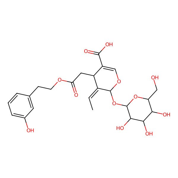 2D Structure of (4S,5E,6S)-5-ethylidene-4-[2-[2-(3-hydroxyphenyl)ethoxy]-2-oxoethyl]-6-[(2S,3R,4S,5S,6R)-3,4,5-trihydroxy-6-(hydroxymethyl)oxan-2-yl]oxy-4H-pyran-3-carboxylic acid