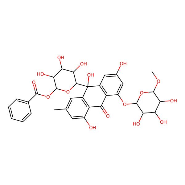 2D Structure of [(2S,3R,4R,5R,6R)-3,4,5-trihydroxy-6-[(9S)-2,5,9-trihydroxy-7-methyl-10-oxo-4-[(2R,3R,4S,5S,6S)-3,4,5-trihydroxy-6-methoxyoxan-2-yl]oxyanthracen-9-yl]oxan-2-yl] benzoate