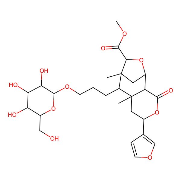 2D Structure of Methyl 5-(furan-3-yl)-7,9-dimethyl-3-oxo-8-[3-[3,4,5-trihydroxy-6-(hydroxymethyl)oxan-2-yl]oxypropyl]-4,11-dioxatricyclo[7.2.1.02,7]dodecane-10-carboxylate