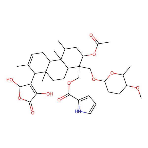 2D Structure of [2-acetyloxy-8-(2,4-dihydroxy-5-oxo-2H-furan-3-yl)-1-[(5-methoxy-6-methyloxan-2-yl)oxymethyl]-4,4a,7,8a-tetramethyl-3,4,4b,5,8,9,10,10a-octahydro-2H-phenanthren-1-yl]methyl 1H-pyrrole-2-carboxylate